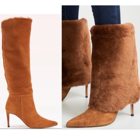 Alexandre Birman ~Cognac Suede Knee-High Shearling Trimmed Convertible Boots 37 - Picture 1 of 16